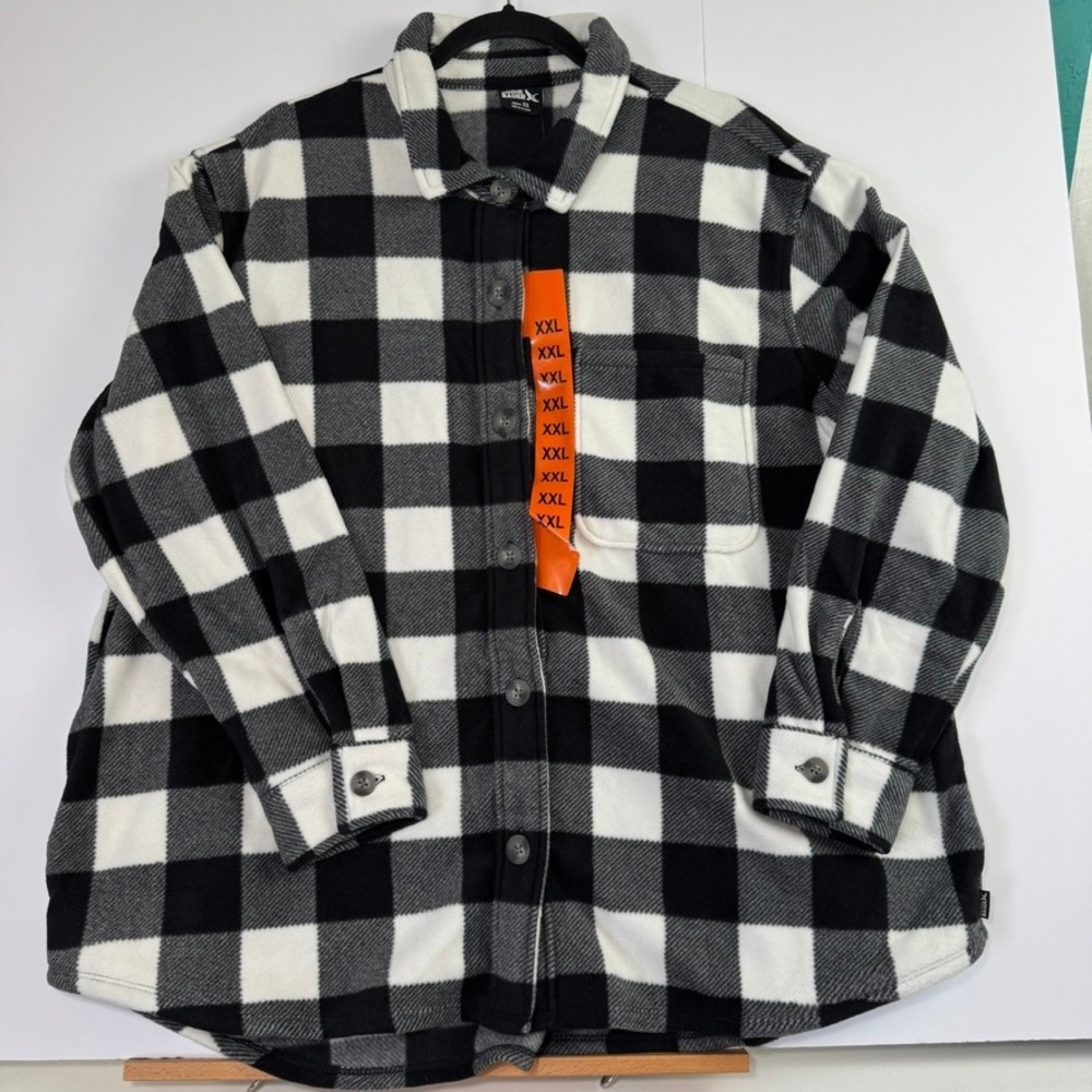 Eddie Bauer Womens XXL Microfleece Button Up Shirt Buffalo Plaid Black White